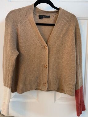 360 Cashmere Beige V-Neck Colorblock Cashmere Cardigan